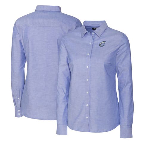Women's Cutter & Buck Blue Columbus Clippers Stretch Oxford Long Sleeve Tri-Blend Button-Up Dress Shirt