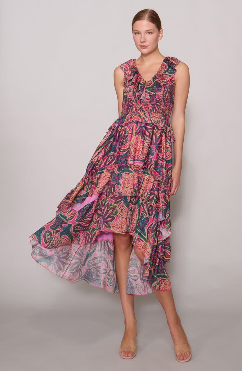 MELLODAY Print Ruffle Organza Sleeveless High-Low Maxi Dress, Alternate, color, Pink Purple Multi