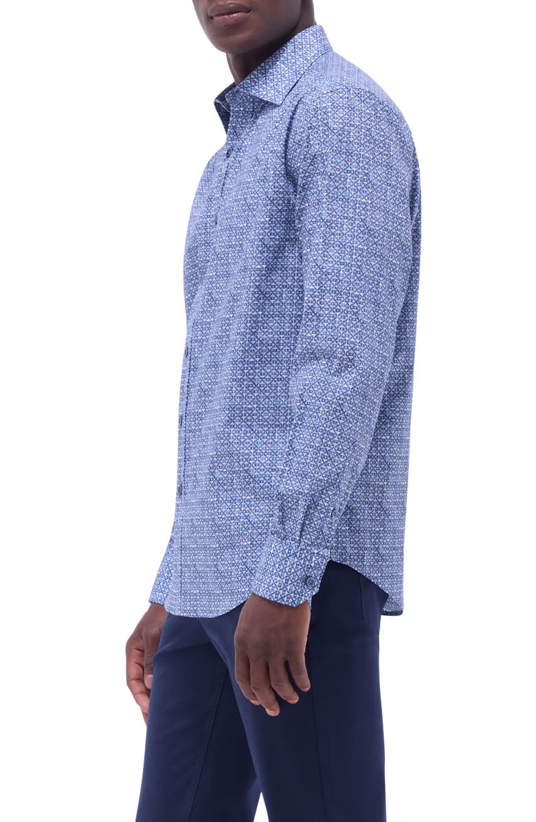 Bugatchi Axel Ogee Print Shaped Fit Stretch Cotton Button-Up Shirt, Alternate, color, Steel