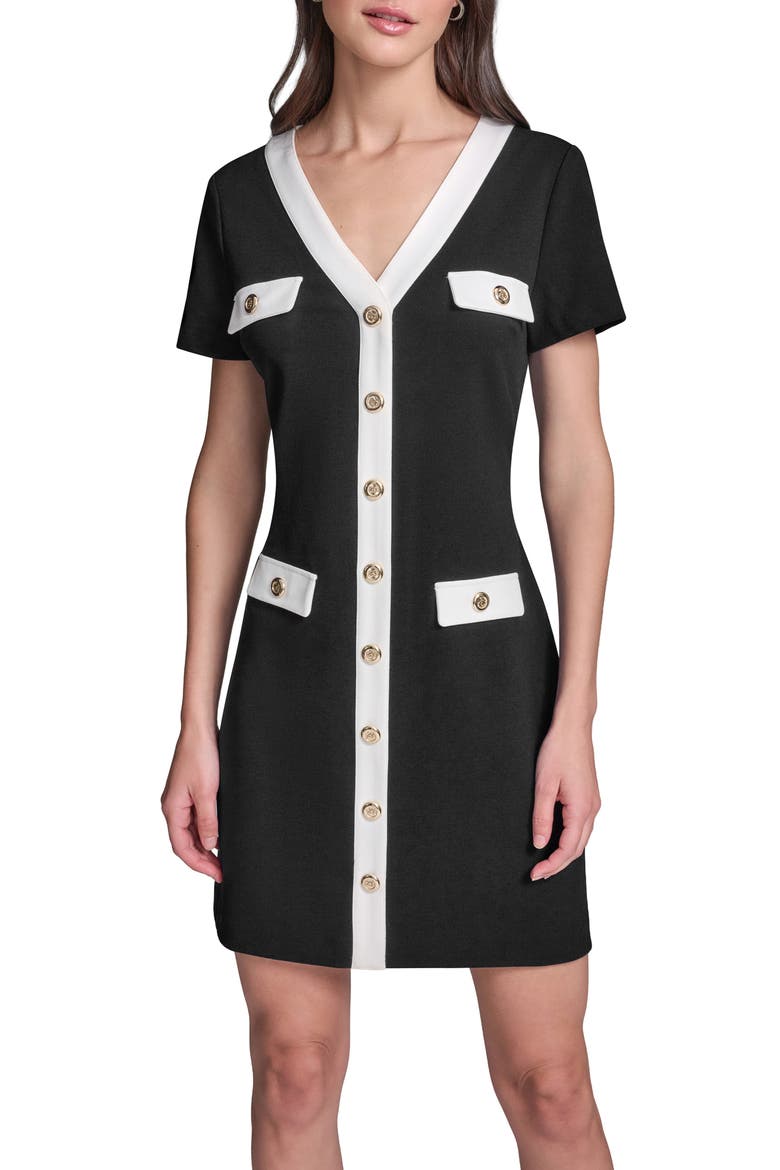 Short Sleeve Scuba Crepe Dress, Alternate, color, BLACK SOFT WHITE