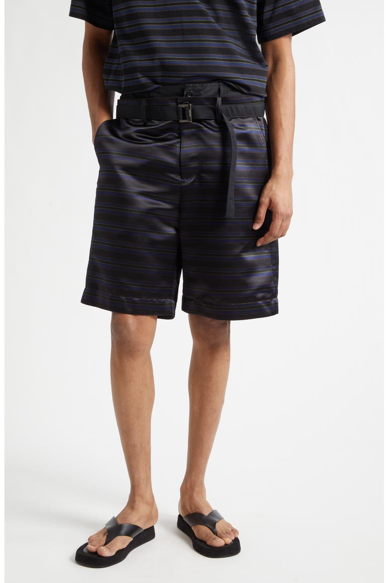 Belted Mixed Media Horizontal Stripe Shorts, Main, color, BLACK/ NAVY