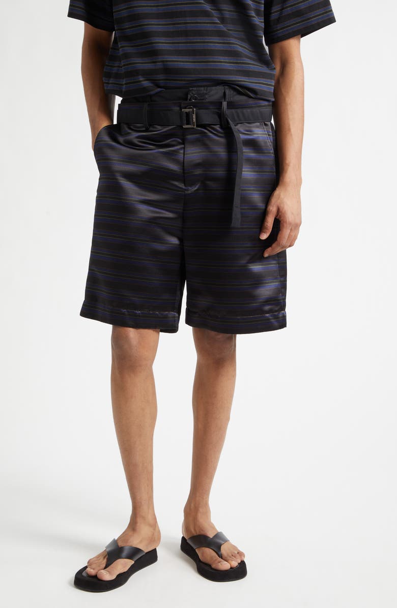 Sacai Belted Mixed Media Horizontal Stripe Shorts, Main, color, Black/ Navy