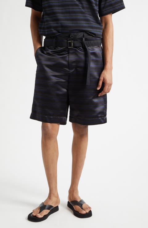 Belted Mixed Media Horizontal Stripe Shorts