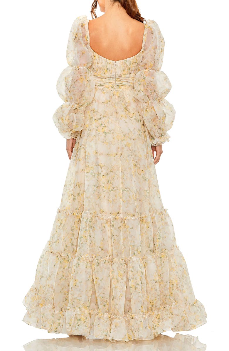 Mac Duggal Floral Chiffon Gown with Sweetheart Neckline, Puff Sleeves & Ruffle Tiered Skirt, Alternate, color, White Multi