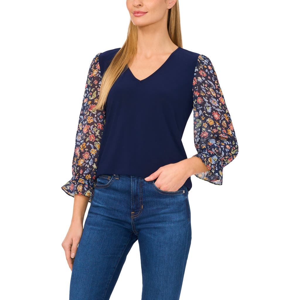CeCe Floral Sleeve V-Neck Mixed Media Top in Classic Navy