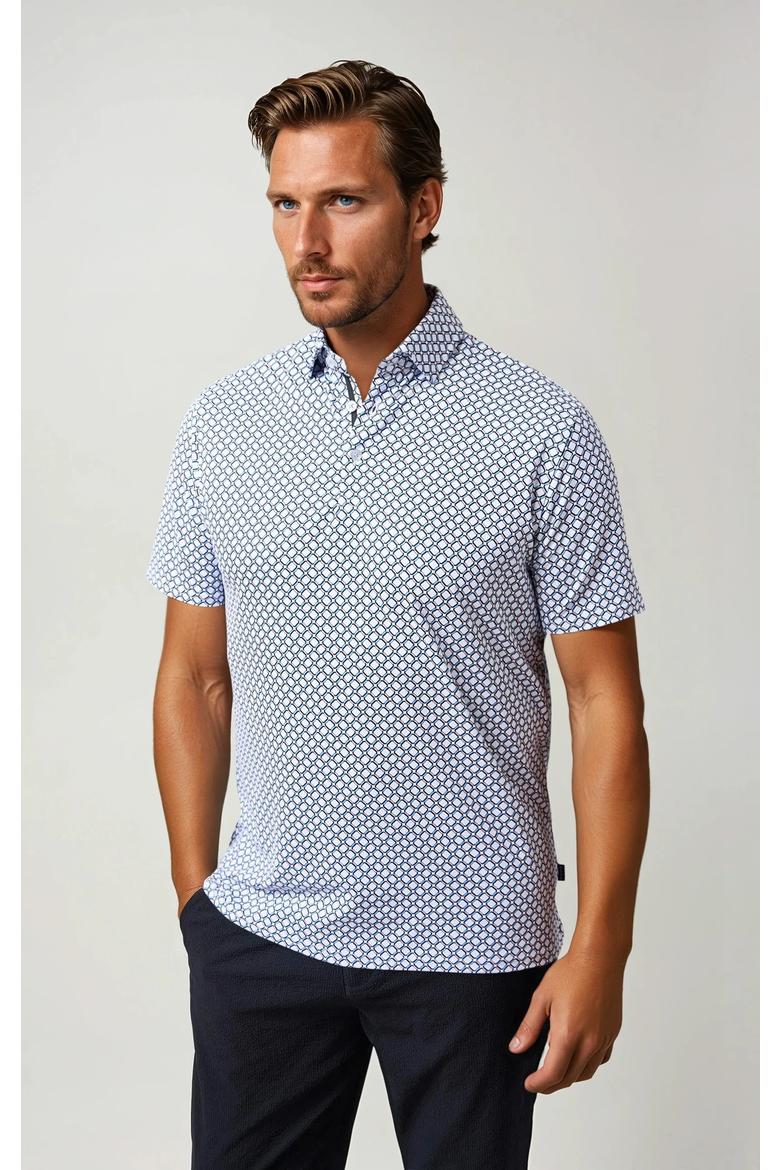 Geo Print Techno Stretch Polo, Main, color, White