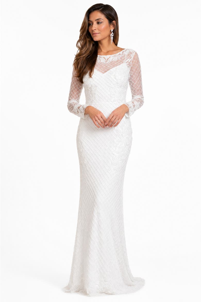 Beaded Faux-Wrap V-Neck Bridal Gown, Alternate, color, Ivory