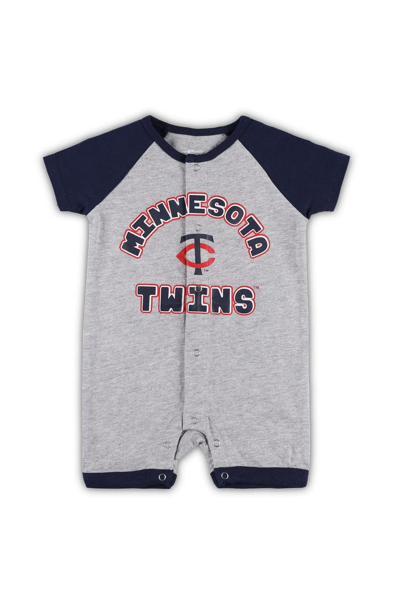 Outerstuff Newborn & Infant Heather Gray Minnesota Twins Extra Base Hit Raglan Full-Snap Romper, Main, color, 
