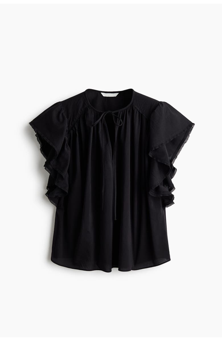 H&M Flutter-sleeved Lace-trimmed Blouse, Main, color, Black