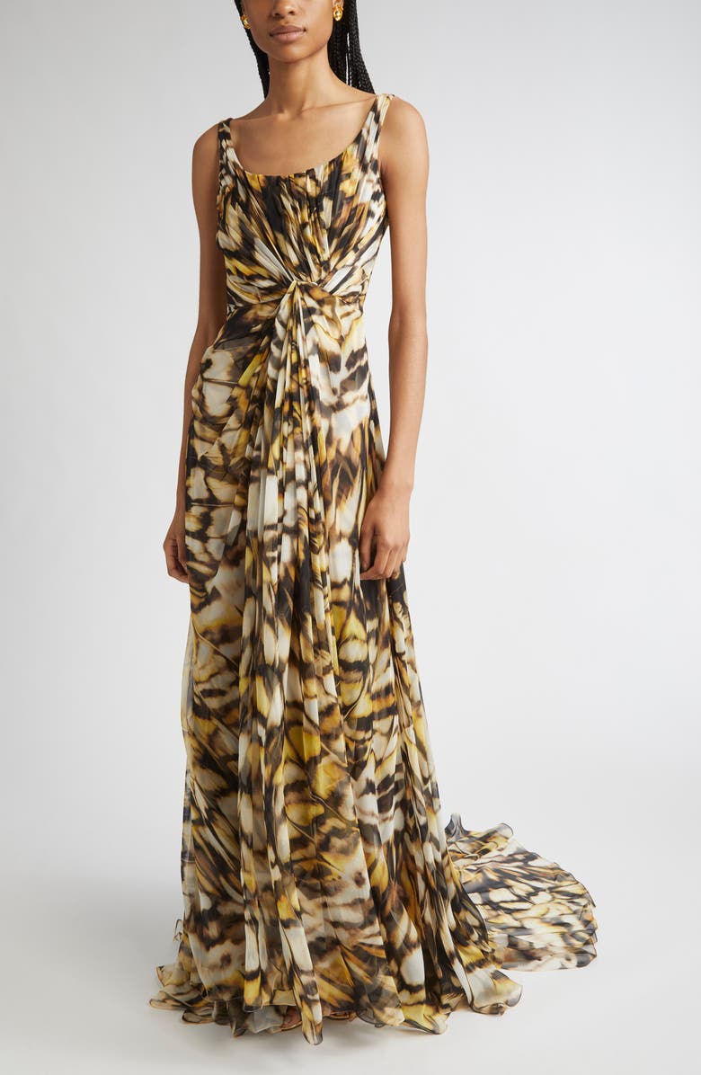 Oscar de la Renta Butterfly Print Draped Silk Chiffon Gown, Main, color, Black Multi