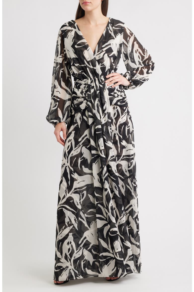Simin Floral Long Sleeve Georgette Gown, Main, color, STT662V1 BIANCA
