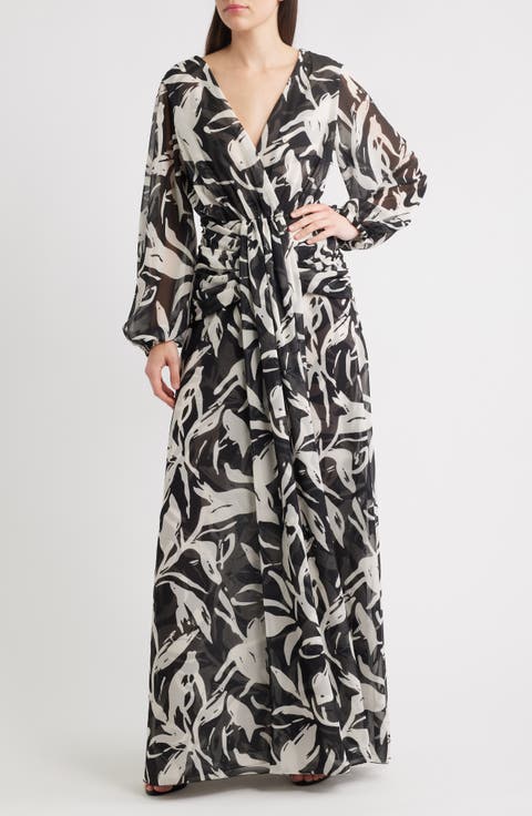 Simin Floral Long Sleeve Georgette Gown