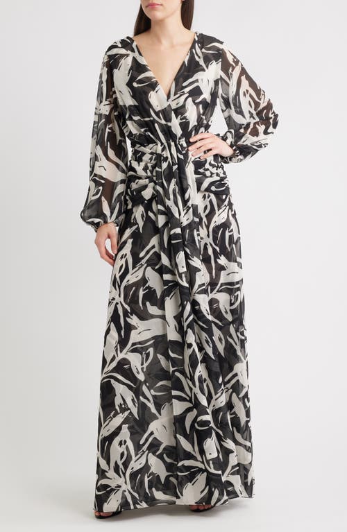Chiara Boni La Petite Robe Simin Floral Long Sleeve Georgette Gown In Black