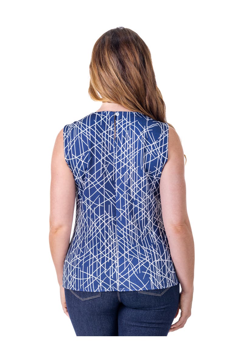 Petites Navy Print Pleated Crew Neckline Back Closure Sleeveless Top, Alternate, color, Blue Multi