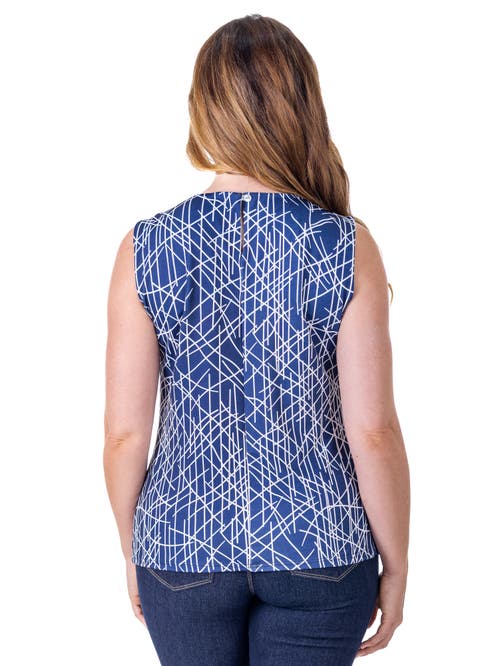 24seven Comfort Apparel Petites Navy Print Pleated Crew Neckline Back Closure Sleeveless Top In Blue