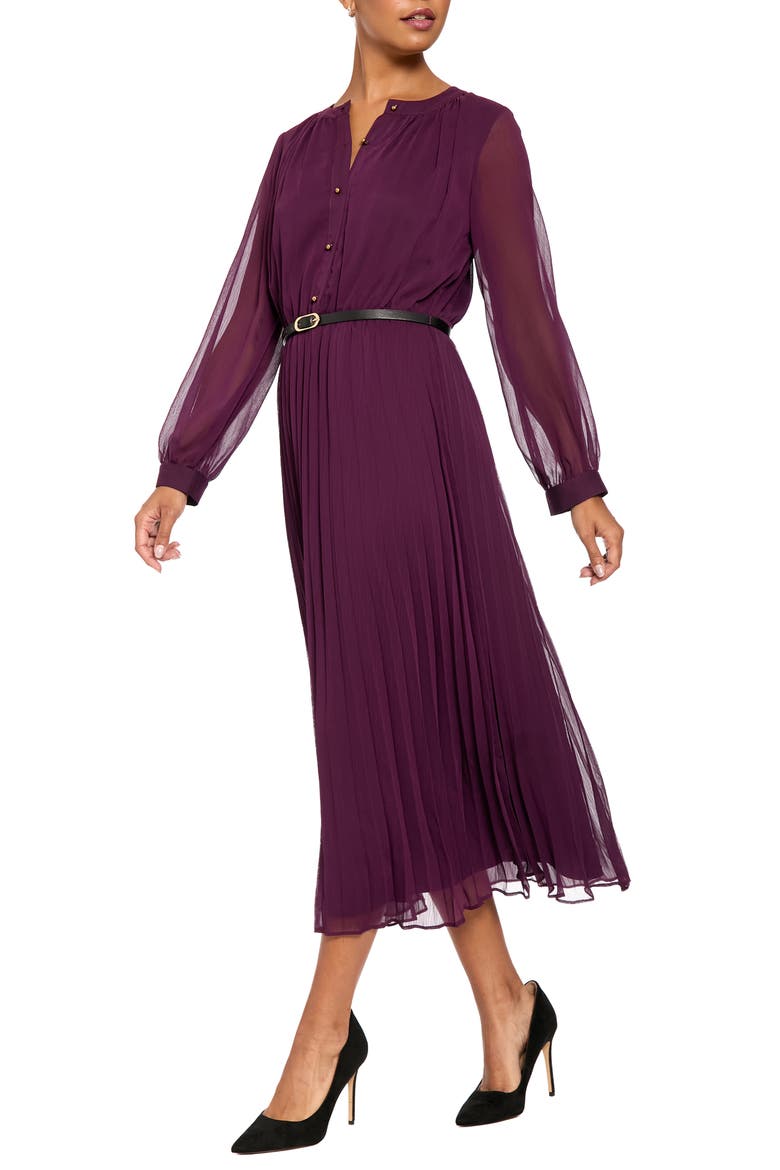 Pleated Long Sleeve Midi Shirtdress, Alternate, color, PLUM