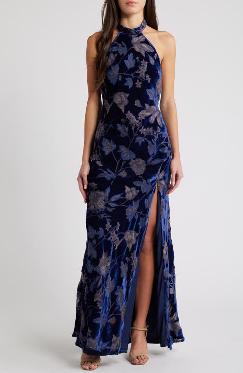 Lulus Dreamy Blossom Burnout Velvet Halter Gown in Blue Floral 