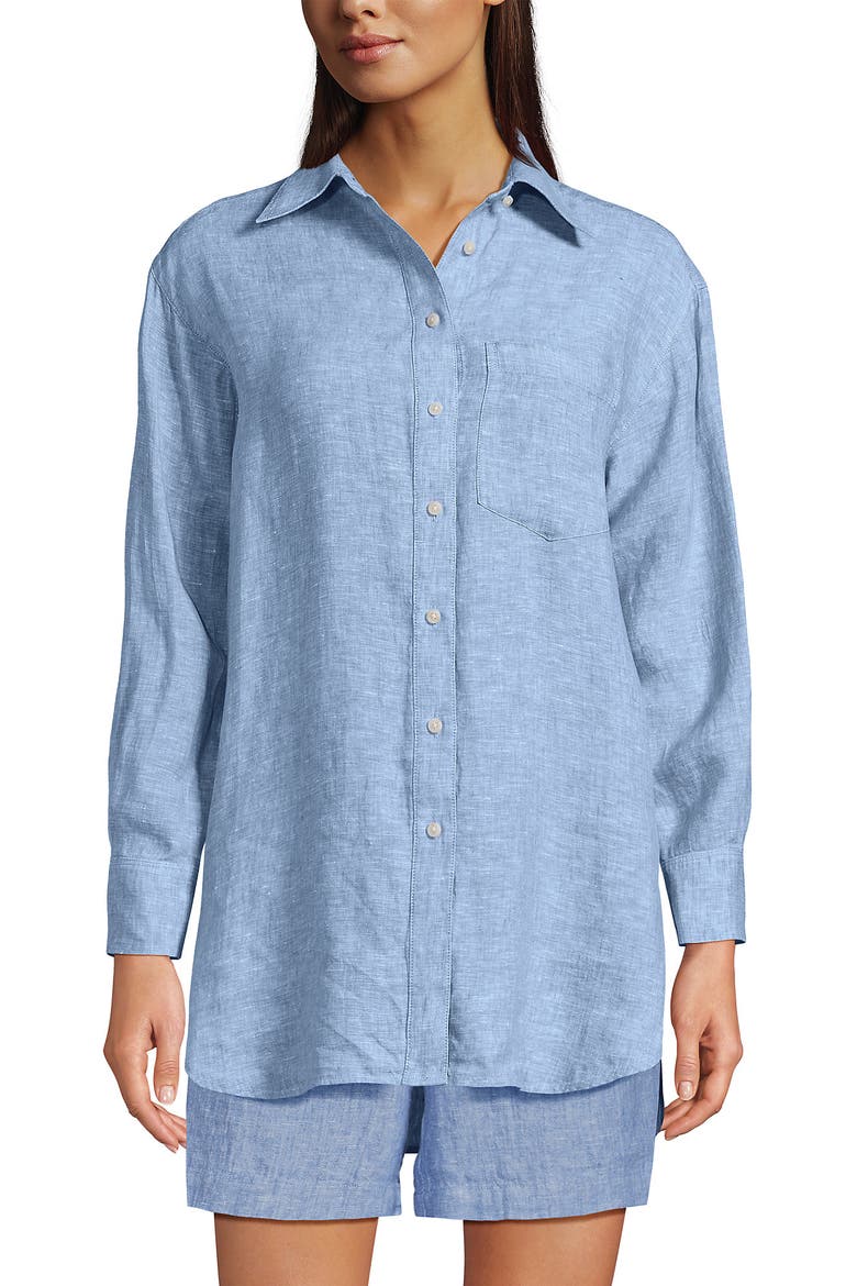Linen Oversized Button Front Shirt, Alternate, color, Soft Blue Linen