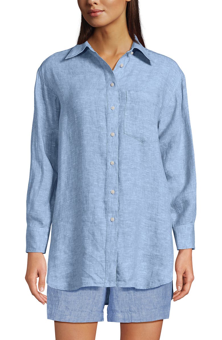 Lands' End Linen Oversized Button Front Shirt, Alternate, color, Soft Blue Linen