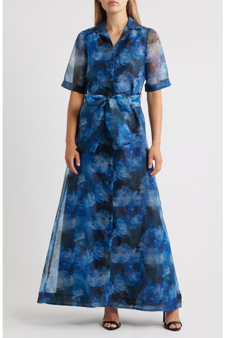 Tie Belt Organza Maxi Cocktail Shirtdress, Main, color, BLUE MULTI