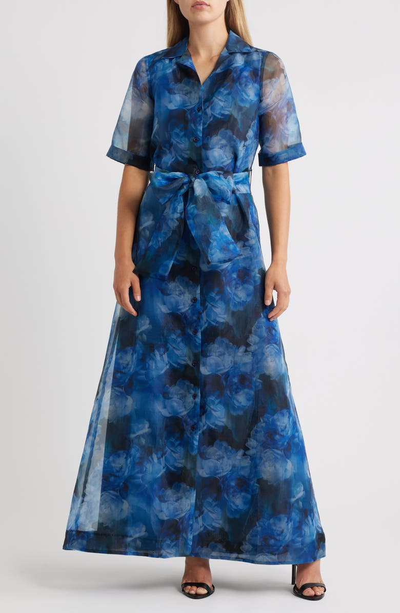 Julia Jordan Tie Belt Organza Maxi Cocktail Shirtdress, Main, color, Blue Multi