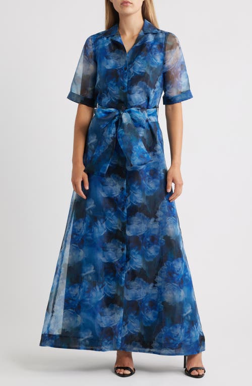 Julia Jordan Tie Belt Organza Maxi Cocktail Shirtdress In Blue