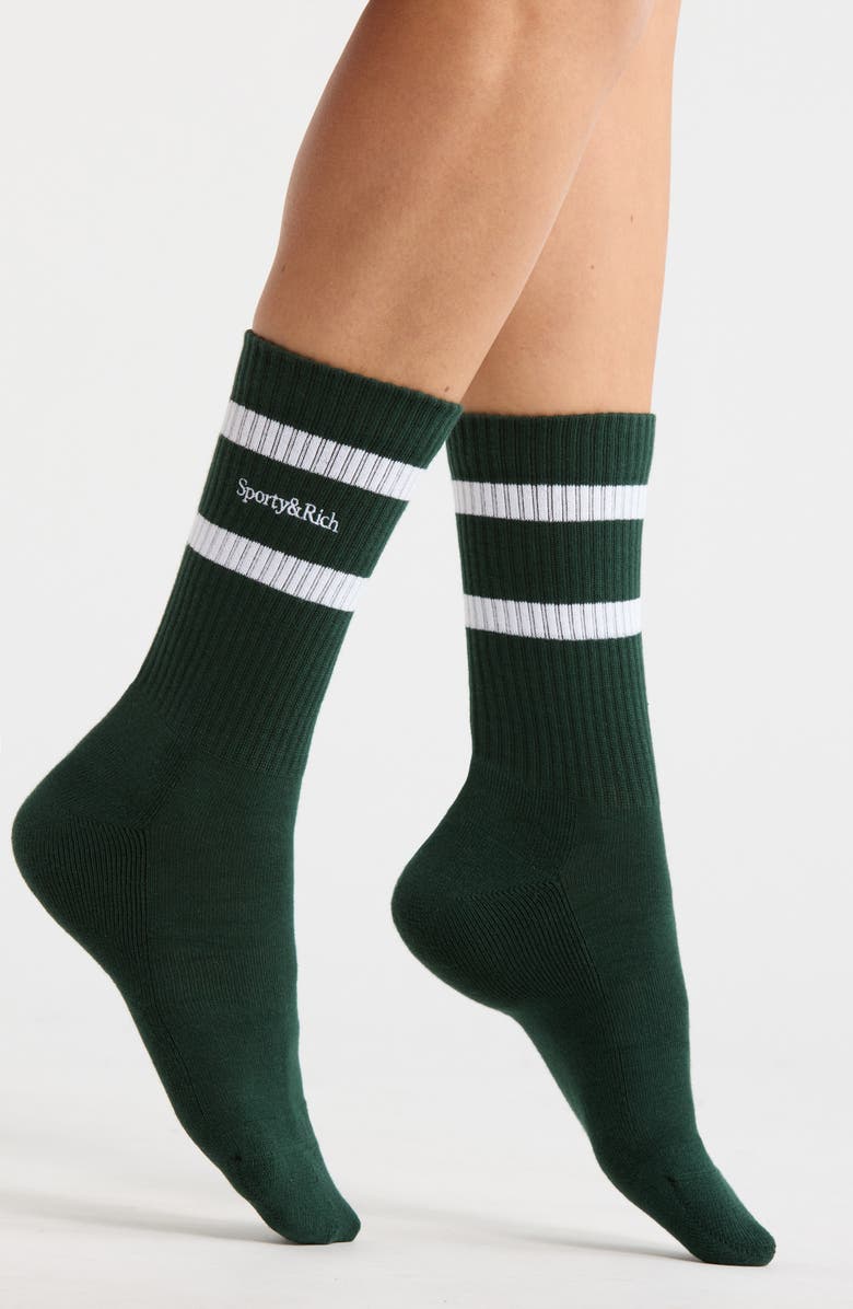 Sporty & Rich Stripe Serif Logo Embroidered Crew Socks, Main, color, Forest/White