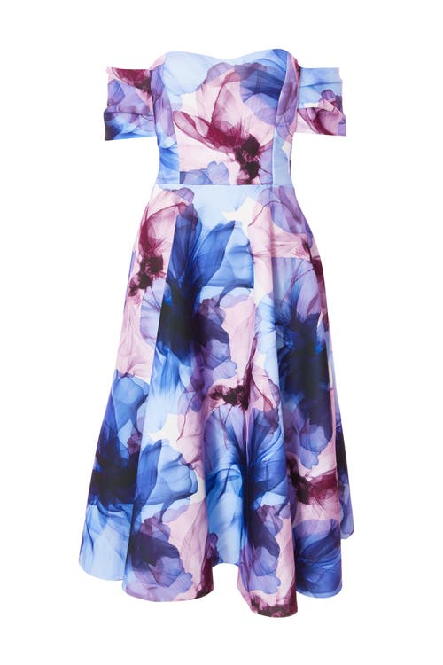 Quiz Scuba Floral Print Bardot Midi Skater Dress In Light Blue