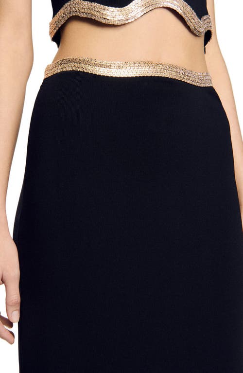 Sandro Long Knitted Skirt With Chain Detail In Black