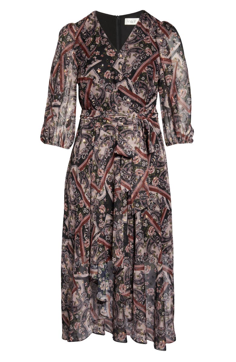 Eliza J Paisley Metallic Dot Chiffon High-Low Dress, Alternate, color, Mauve