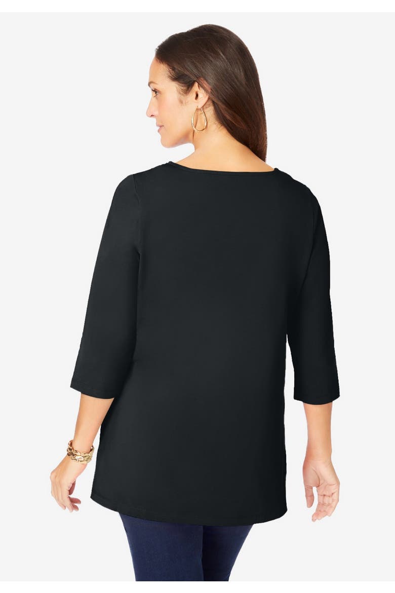 Stretch Cotton Crochet Notch Neck Tunic, Alternate, color, BLACK