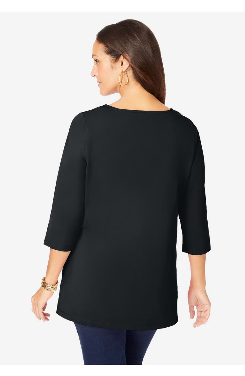 Jessica London Stretch Cotton Crochet Notch Neck Tunic, Alternate, color, Black