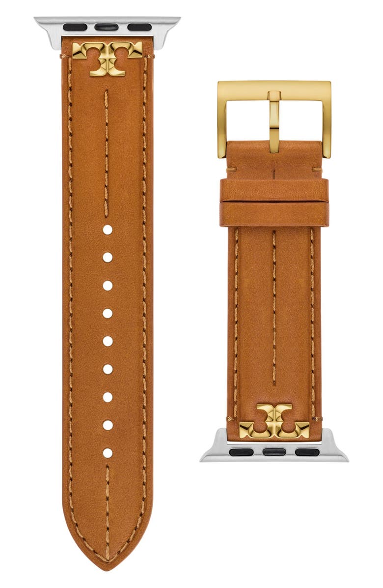 Tory Burch The Kira Leather 20mm Apple Watch<sup>®</sup> Watchband, Main, color, Brown
