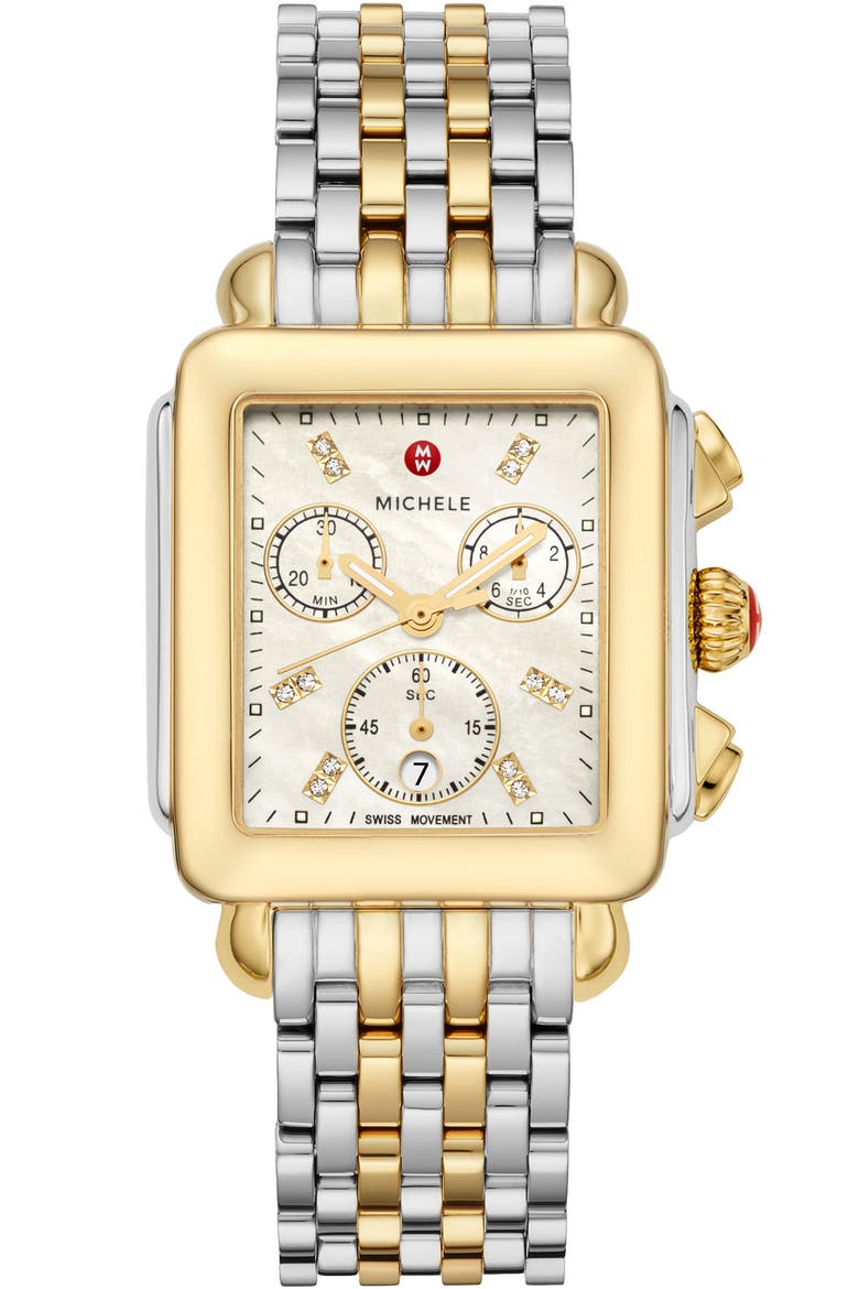 Deco Diamond Chronograph Bracelet Watch, 33mm, Main, color, GOLD/ SILVER