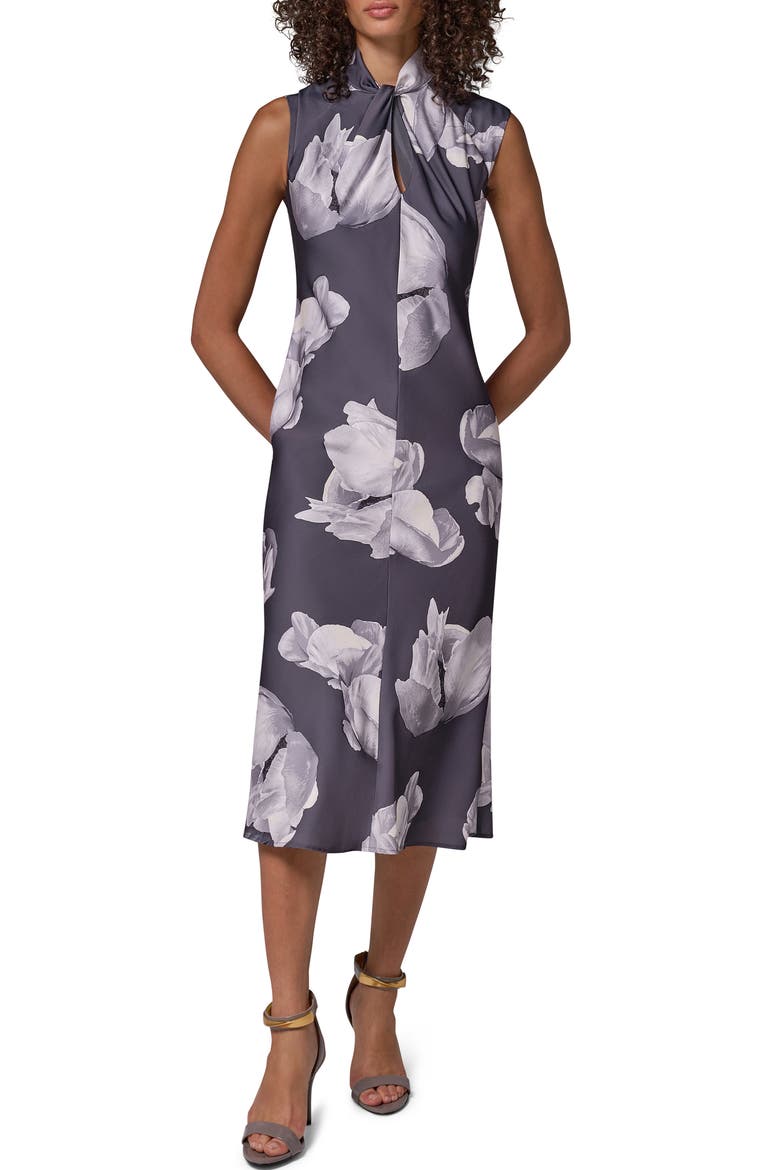 Twist Neck Midi Dress, Main, color, CHAR MULTI