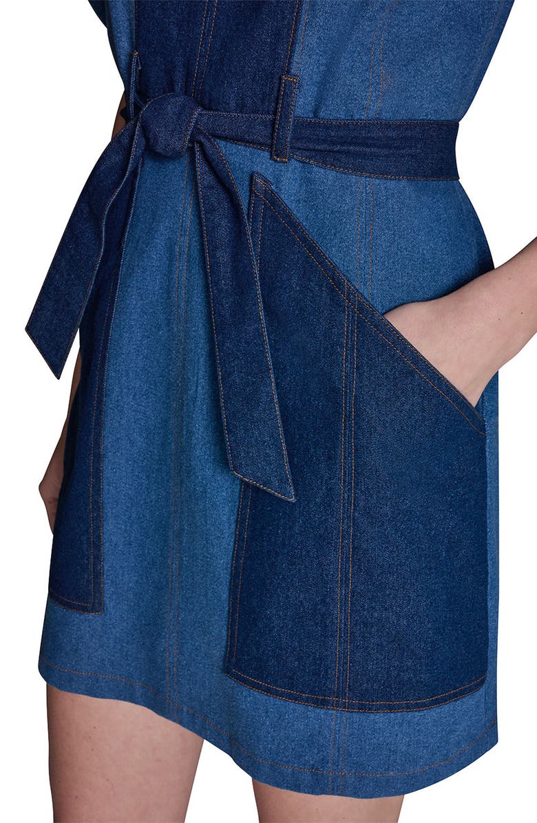 BCBG Tie Waist Puff Sleeve Denim Minidress, Alternate, color, Indigo