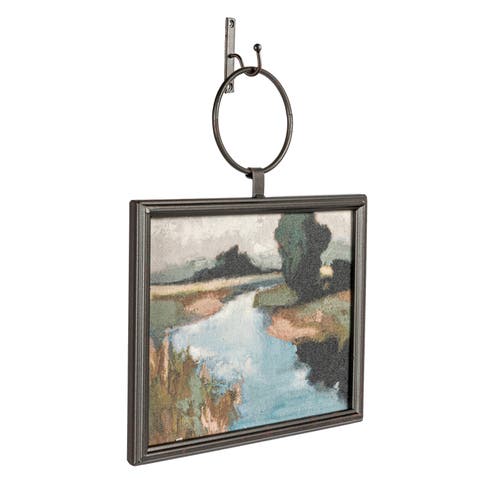Metal and Wood Framed Landscape Wall Art with Hanging Bracket, Multicolor