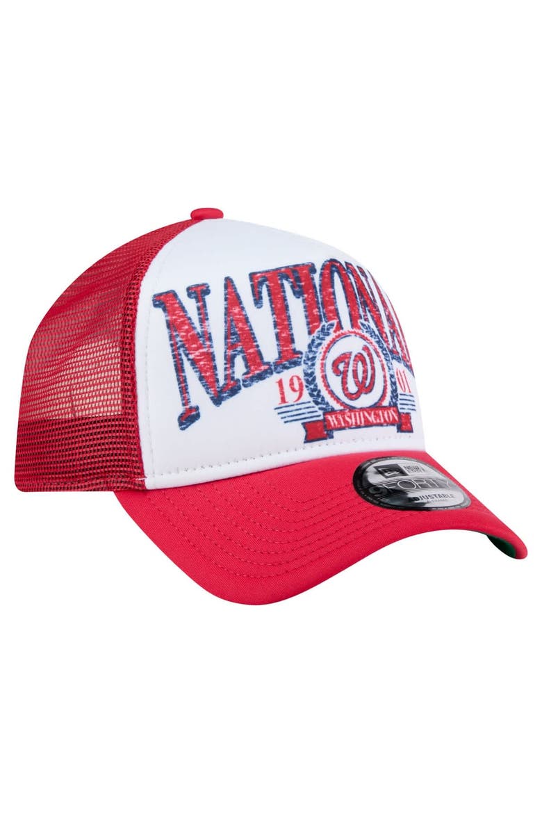 Men's New Era  Red Washington Nationals Distressed 9FORTY A-Frame Adjustable Trucker Hat, Alternate, color, Red