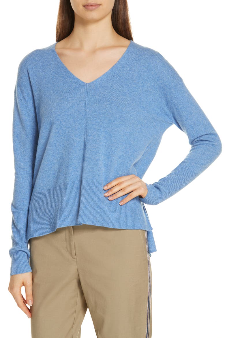 V-Neck High/Low Cashmere Sweater, Alternate, color, BLUE PROVENCE HEATHER