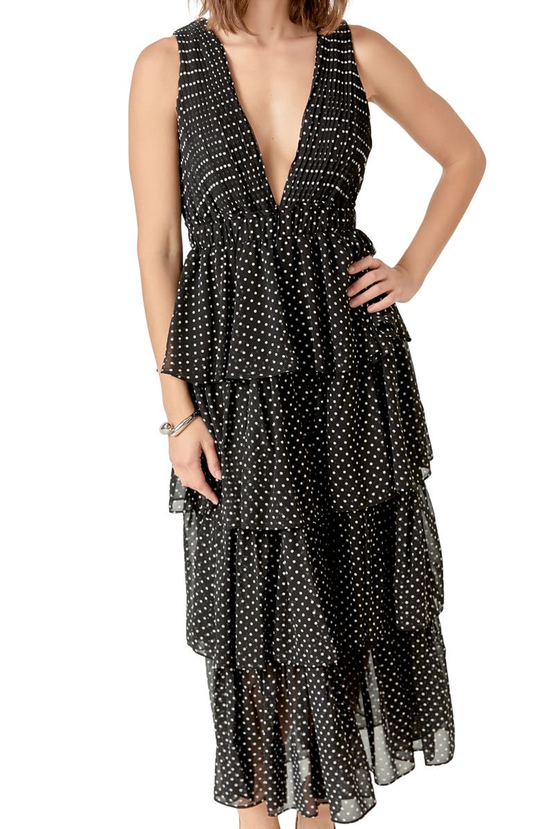 Endless Rose Dot Sleeveless Tiered Maxi Dress, Alternate, color, Black/ White