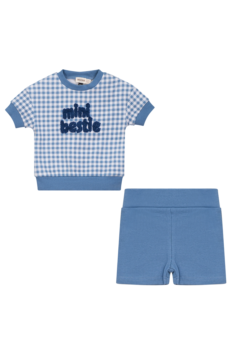 Mocha Checkered Mini Bestie 2 Piece Set Short Sleeve Top and Ribbed Shorts, Main, color, Blue/White