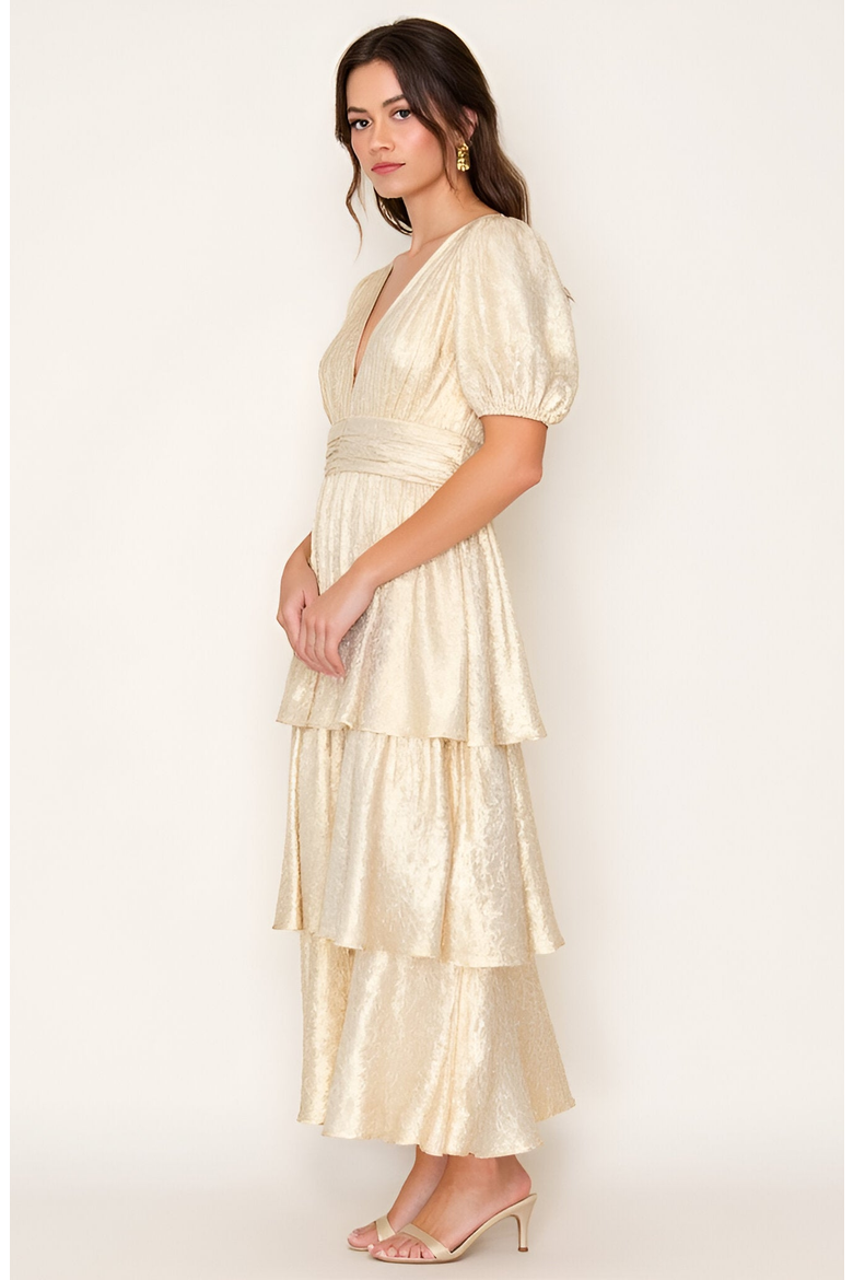 Tiered Metallic Puff Sleeve Pleated Waist Maxi Dress, Alternate, color, Metallic Gold