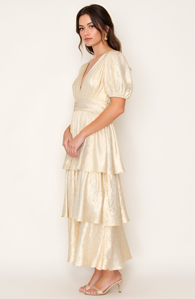 Modenaire Tiered Metallic Puff Sleeve Pleated Waist Maxi Dress, Alternate, color, Metallic Gold