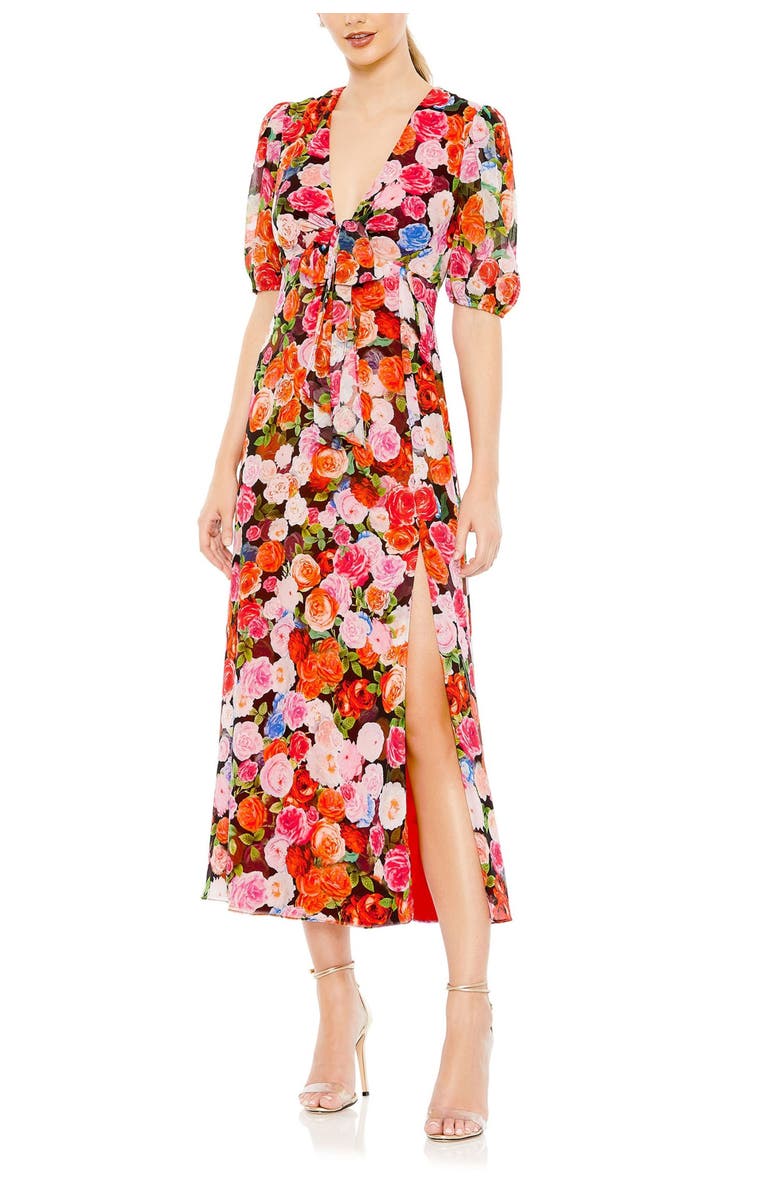 Mac Duggal Floral Print Front Tie Puff Sleeve Flowy Midi Dress, Main, color, Rose Multi