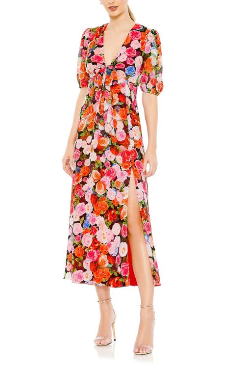MAC DUGGAL MAC DUGGAL FLORAL PRINT FRONT TIE PUFF SLEEVE FLOWY MIDI DRESS 