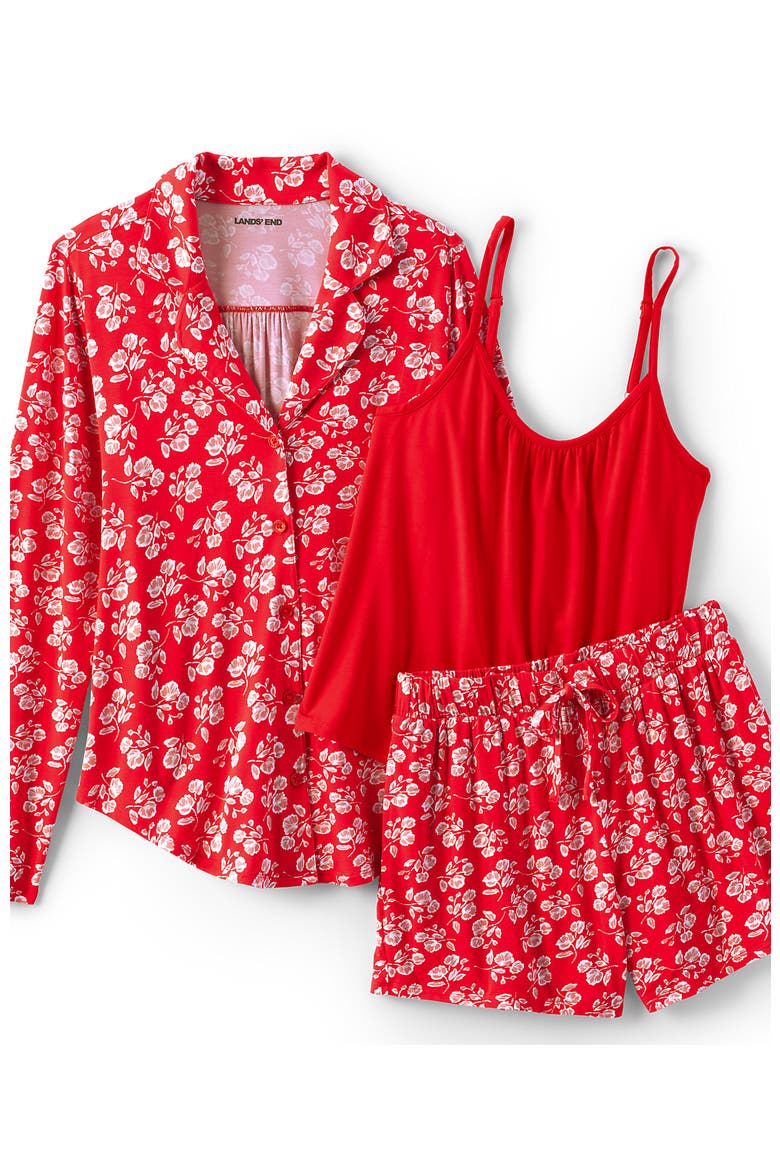 Plus Size Cooling 3 Piece Pajama Set - Long Sleeve Top Cami and Shorts, Alternate, color, Coral Red Blooms