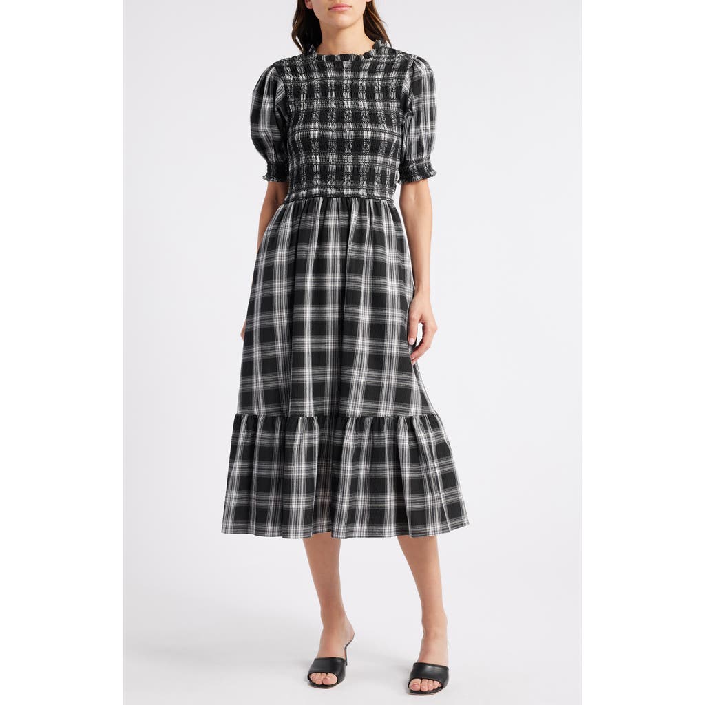 Mila Mae Check Smocked Puff Sleeve Midi Dress in Black White