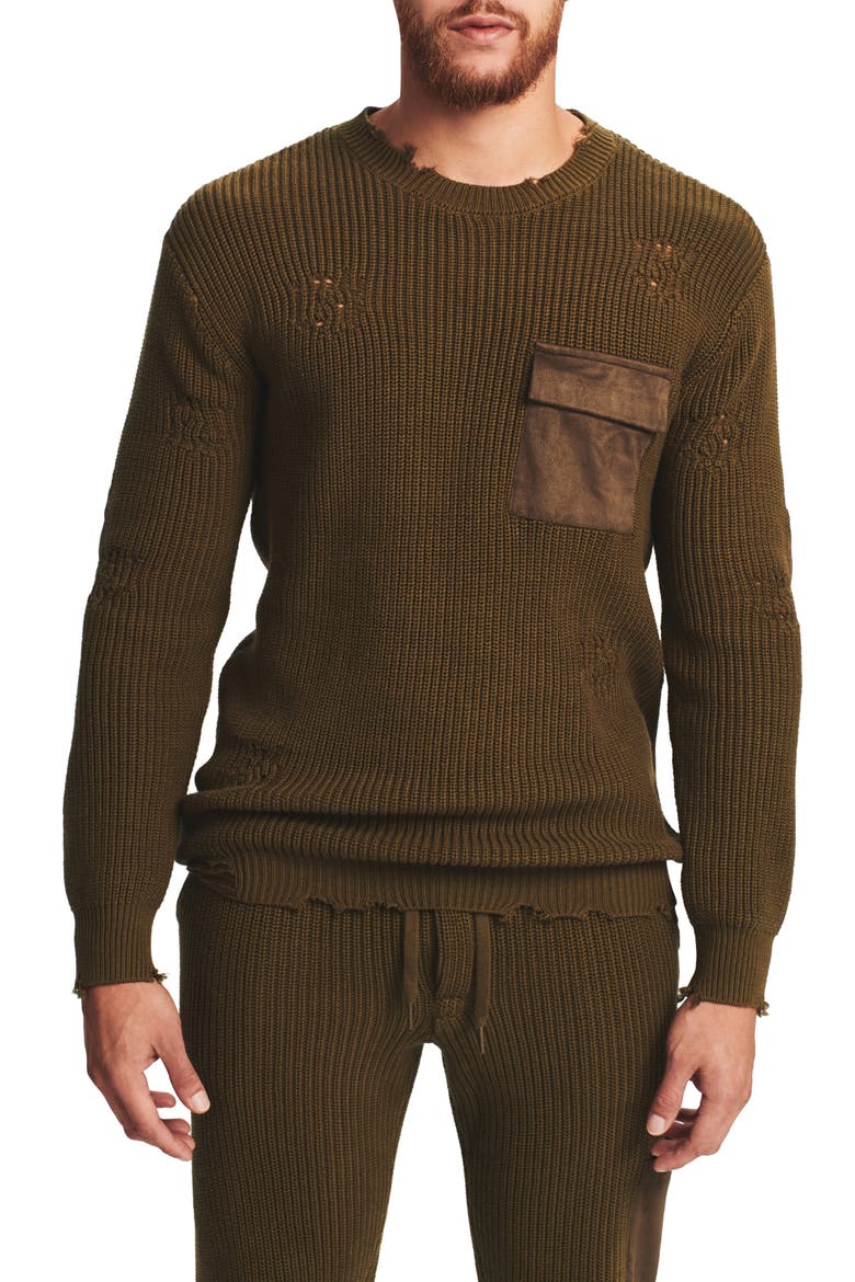 Devin Oversize Distressed Pocket Crewneck Sweater, Main, color, FORT GREENE