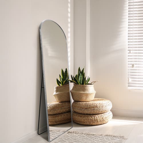 Shop Jonathan Y Adrian Large Arched Metal Framed Floor Full-length Mirror In Nickel