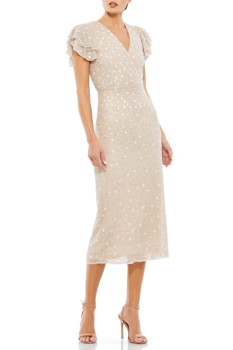 Bugle Bead Ruffle Sleeve Midi Cocktail Dress, Main, color, OYSTER